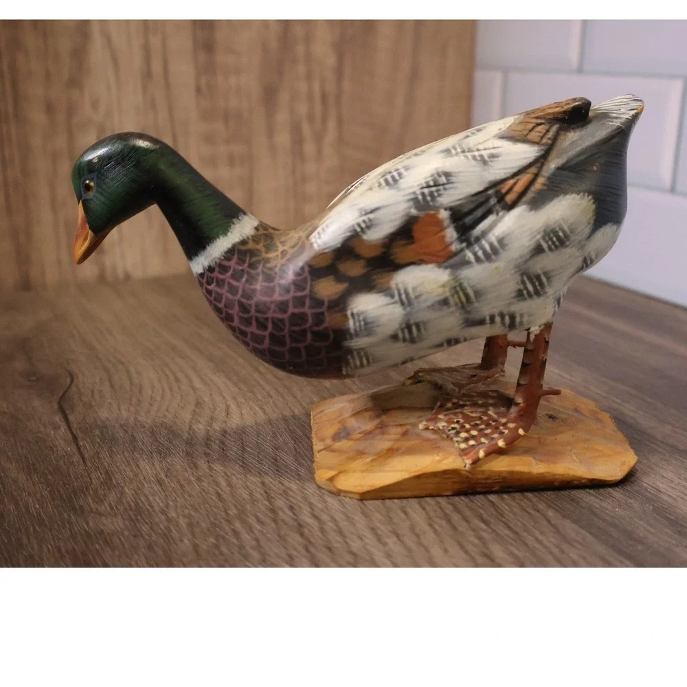 Vintage Hand Carved Painted Standing Mallard Duck Sculpture Wood Base Folk Art